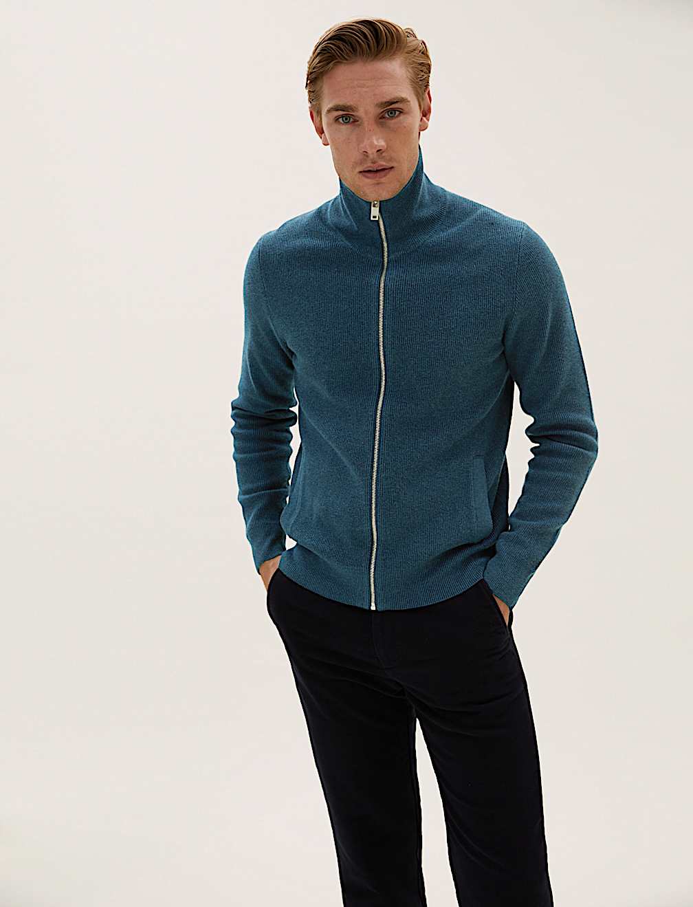 Cotton Rich Ribbed Funnel Neck Cardigan