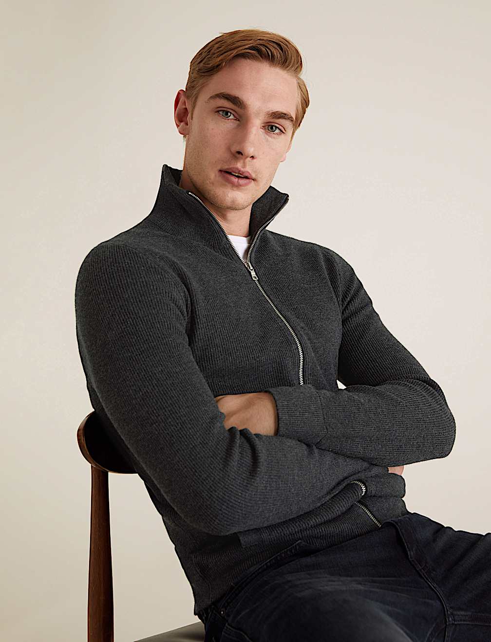 Cotton Rich Ribbed Funnel Neck Cardigan
