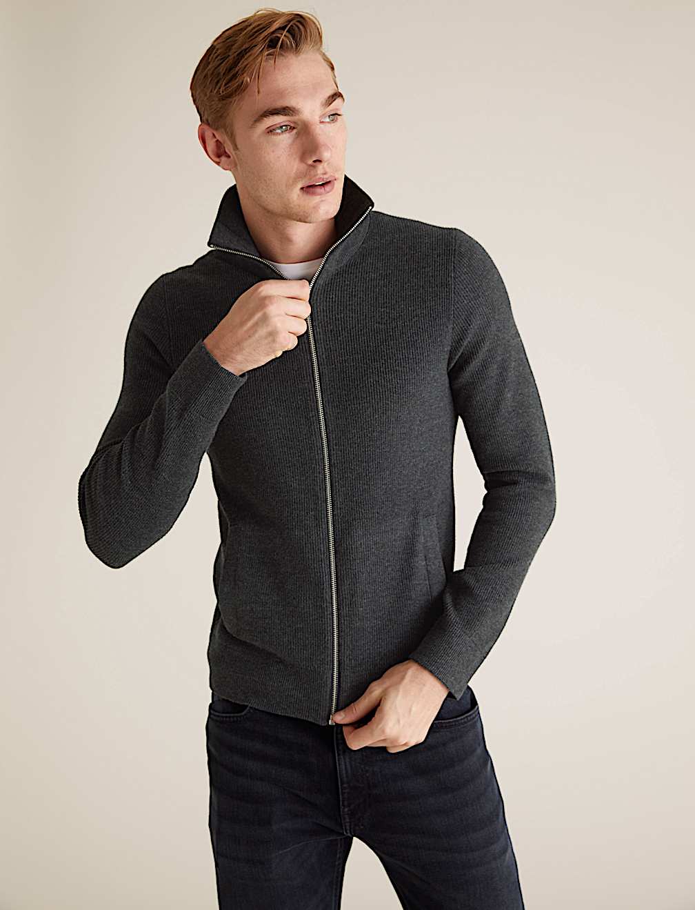 Cotton Rich Ribbed Funnel Neck Cardigan