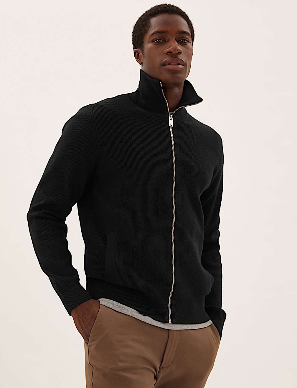 Cotton Rich Ribbed Funnel Neck Cardigan
