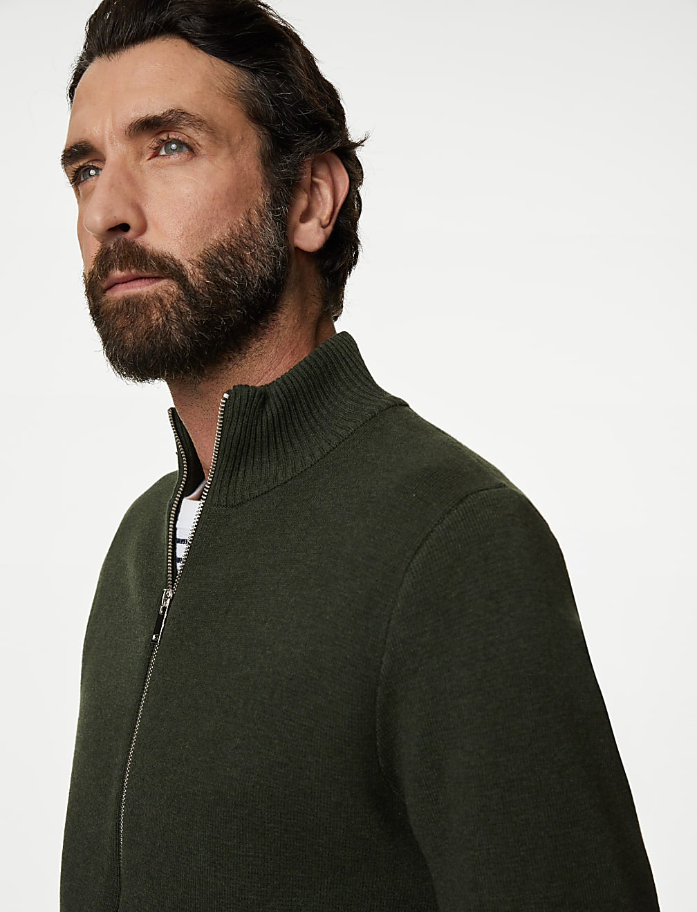 Cotton Blend Ribbed Zip Up Knitted Jacket