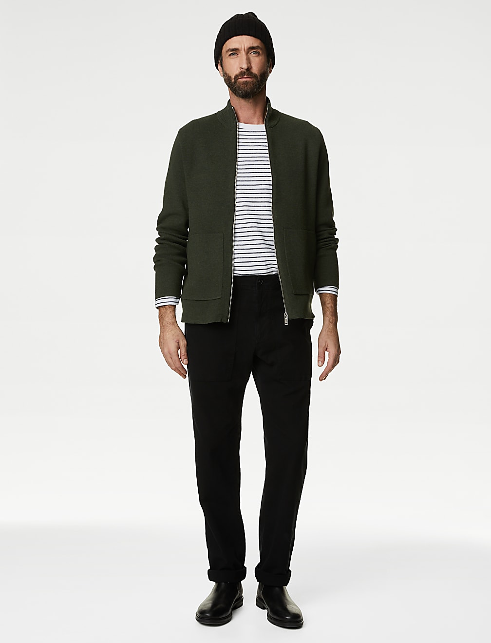 Cotton Blend Ribbed Zip Up Knitted Jacket