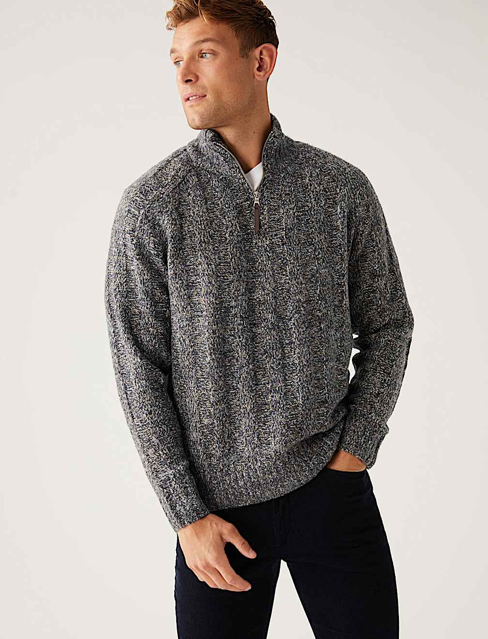 Ribbed High Neck Half Zip Jumper
