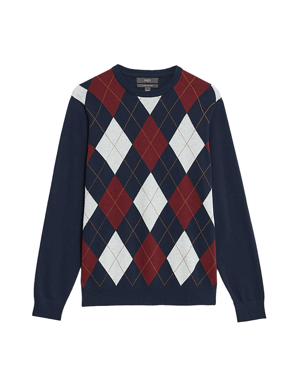 Pure Cotton Argyle Round Neck Jumper