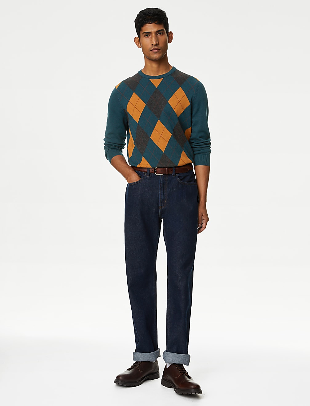Pure Cotton Argyle Round Neck Jumper