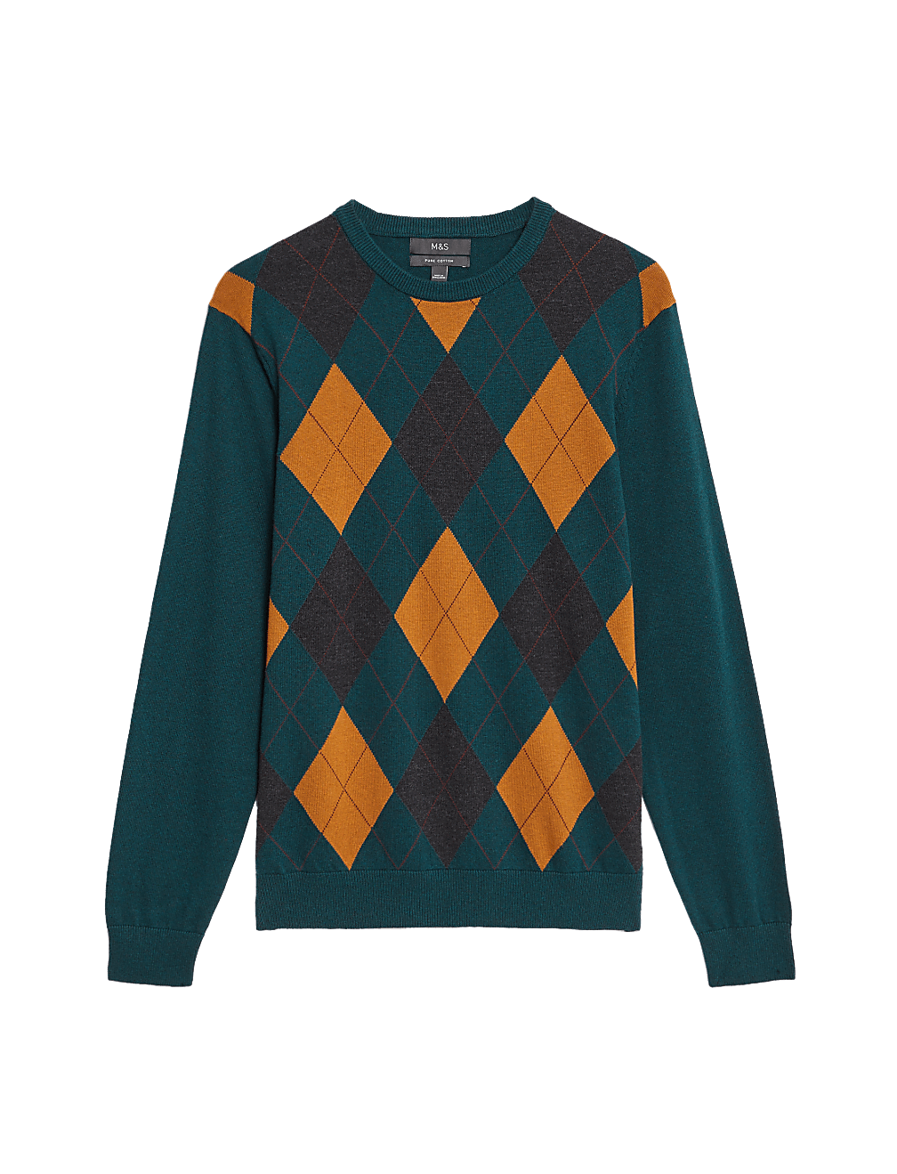 Pure Cotton Argyle Round Neck Jumper