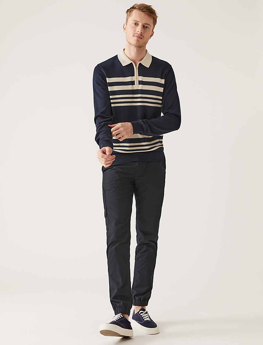 Cotton Modal Striped Knitted Polo Shirt