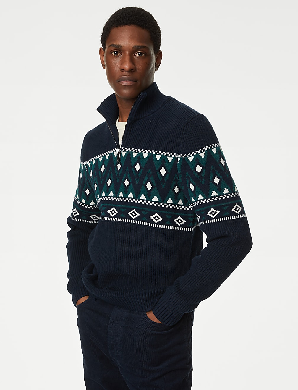 Cotton Blend Fair Isle Zip Up Jumper