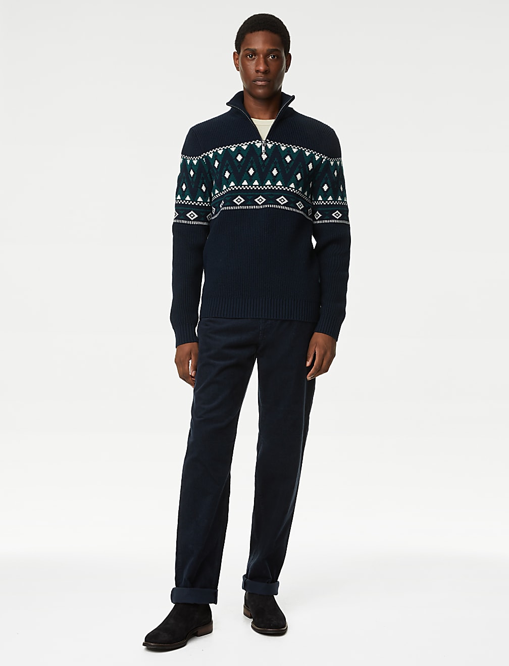 Cotton Blend Fair Isle Zip Up Jumper