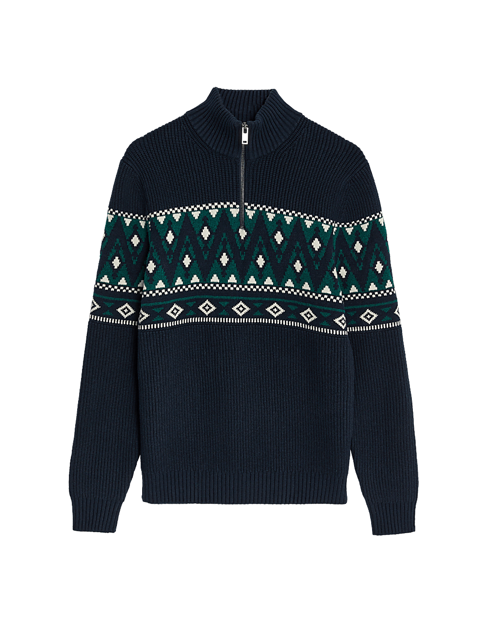 Cotton Blend Fair Isle Zip Up Jumper