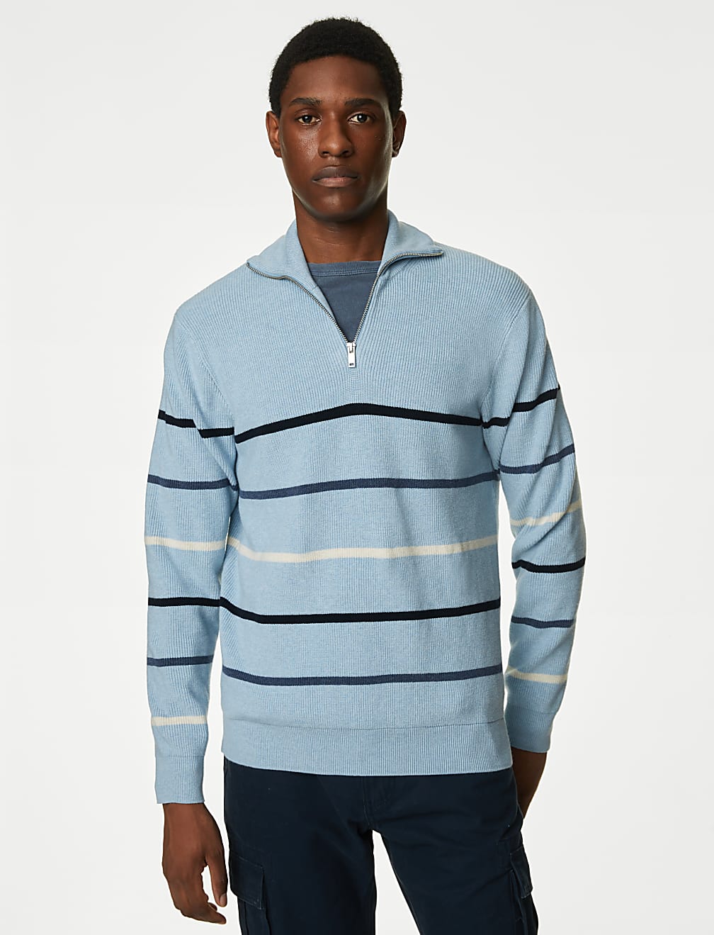 Cotton Blend Striped Half Zip Jumper