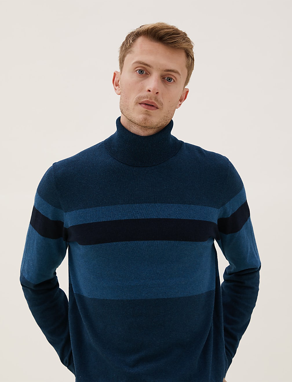 Cotton Rich Chest Stripe Roll Neck Jumper