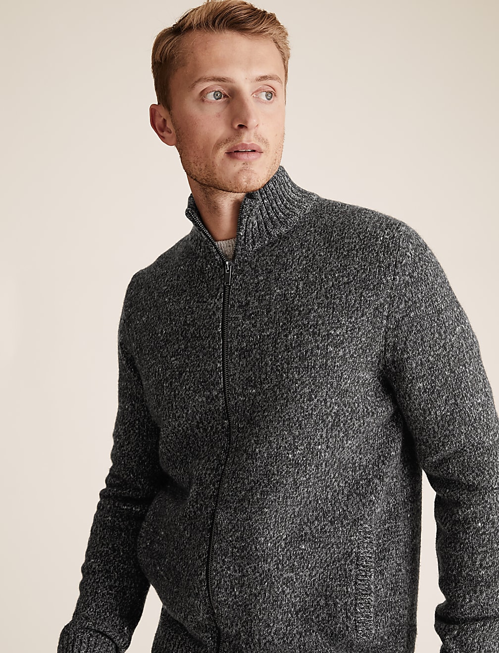 Lambswool Textured Zip Up Cardigan
