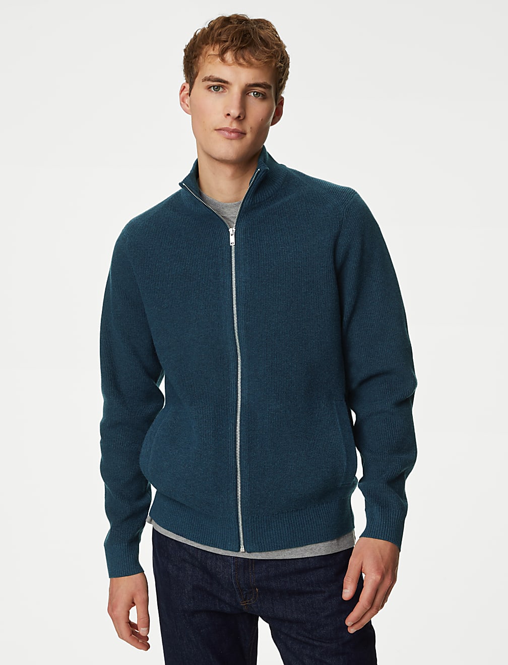 Cotton Blend Funnel Neck Zip Up Jumper