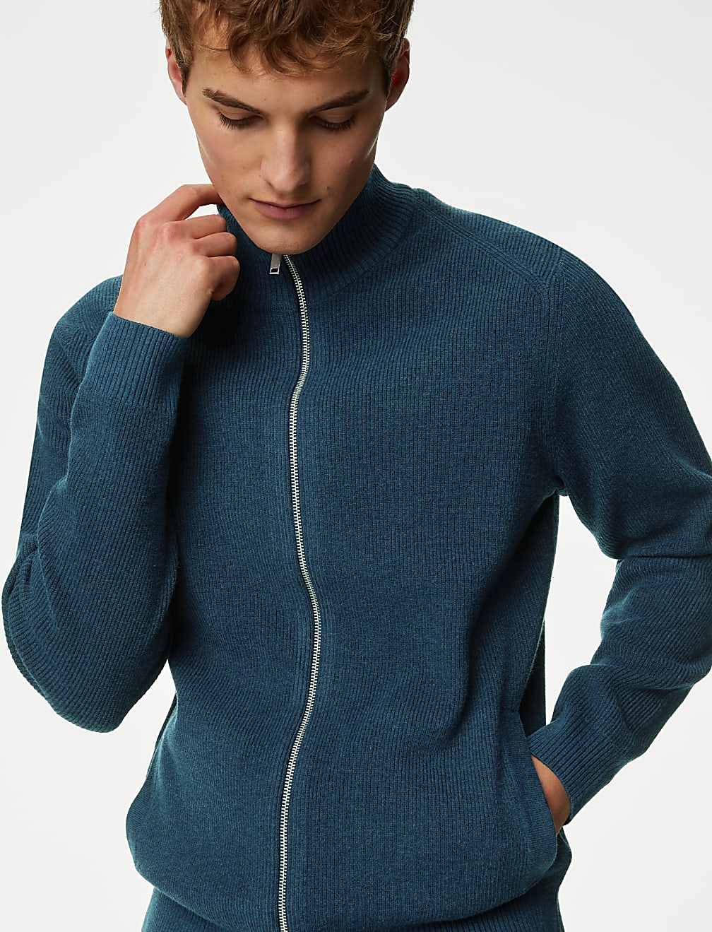 Cotton Blend Funnel Neck Zip Up Jumper