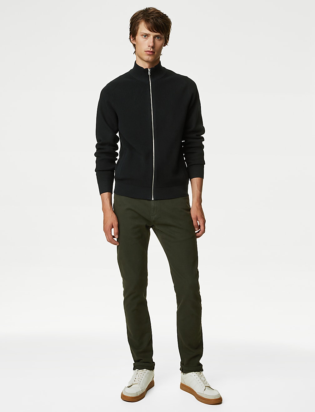 Cotton Blend Funnel Neck Zip Up Jumper