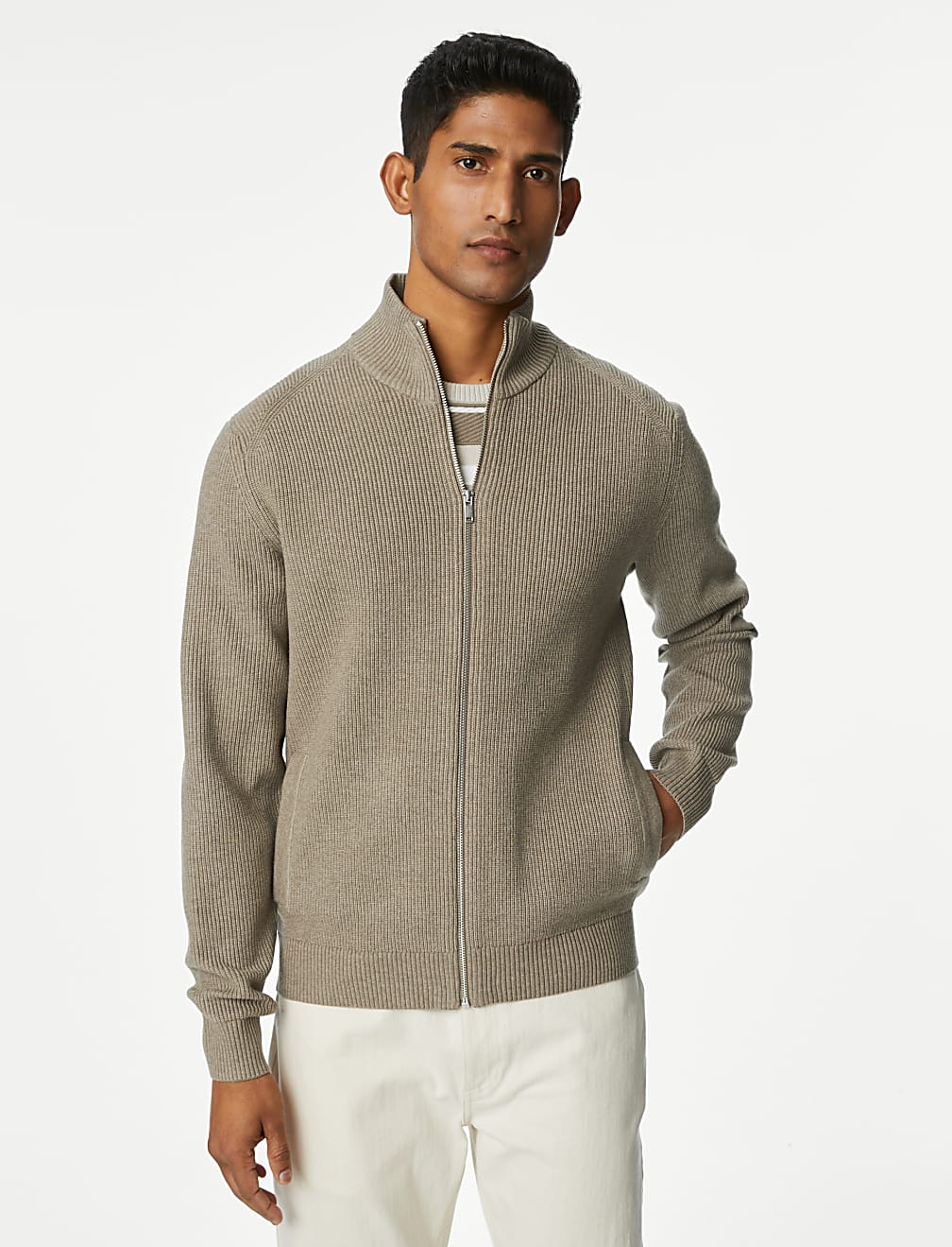 Cotton Blend Funnel Neck Zip Up Jumper