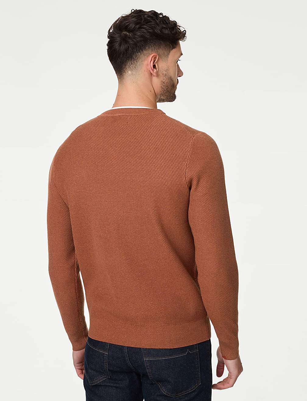 Cotton Blend Textured Crew Neck Jumper