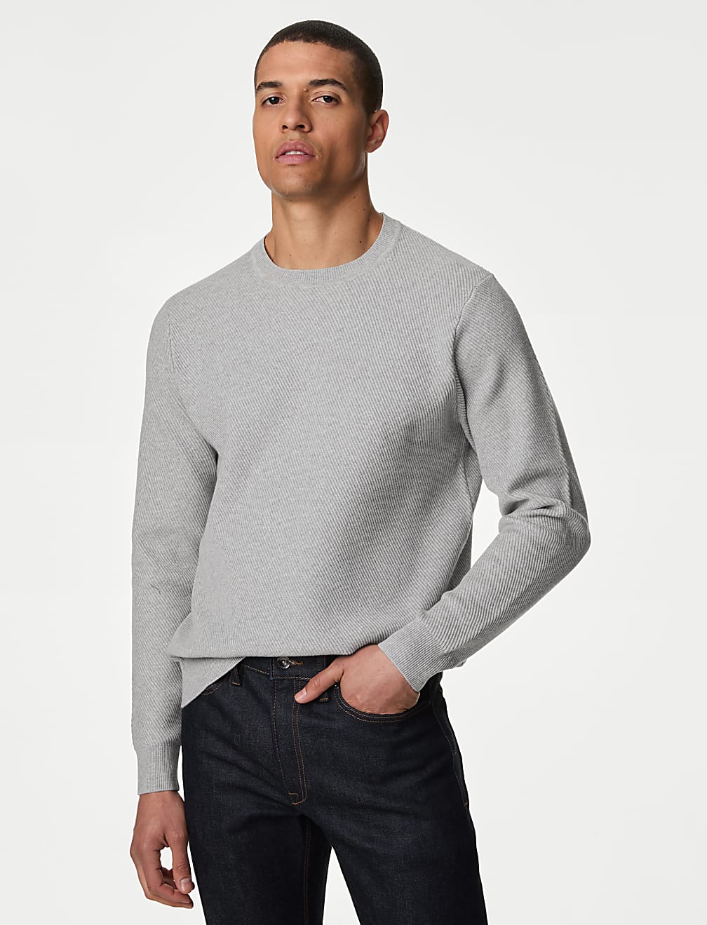 Cotton Blend Textured Crew Neck Jumper