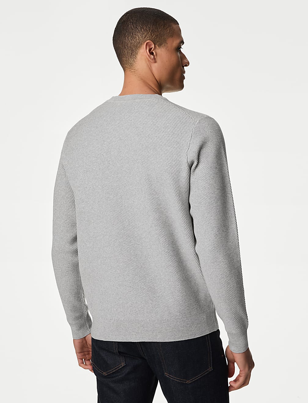 Cotton Blend Textured Crew Neck Jumper