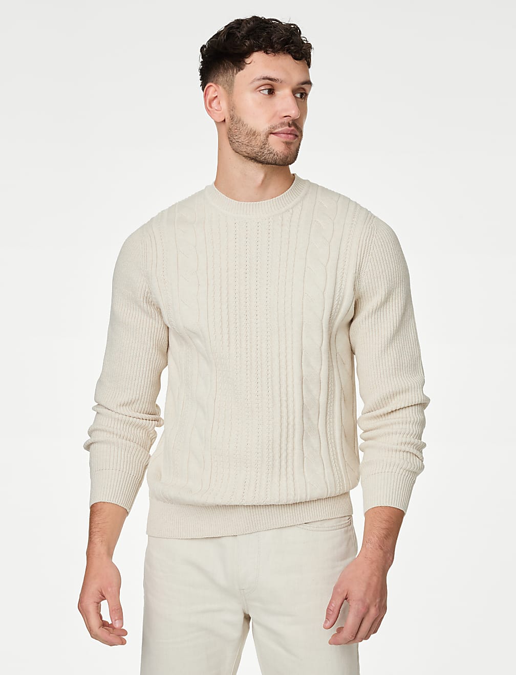 Cotton Blend Textured Crew Neck Jumper