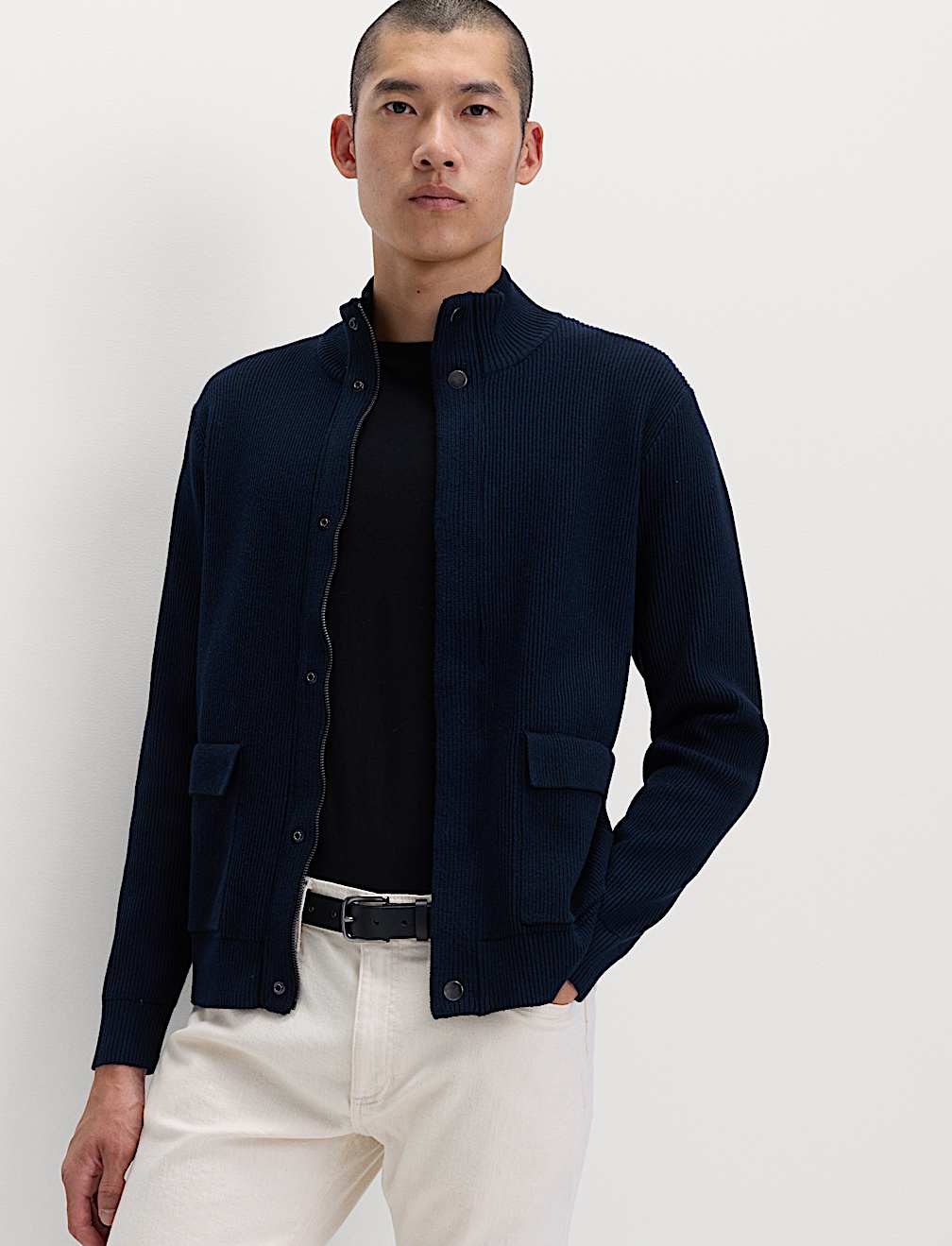 Cotton Blend Ribbed Funnel Neck Jacket