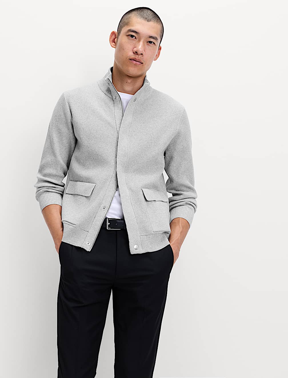 Cotton Blend Ribbed Funnel Neck Jacket
