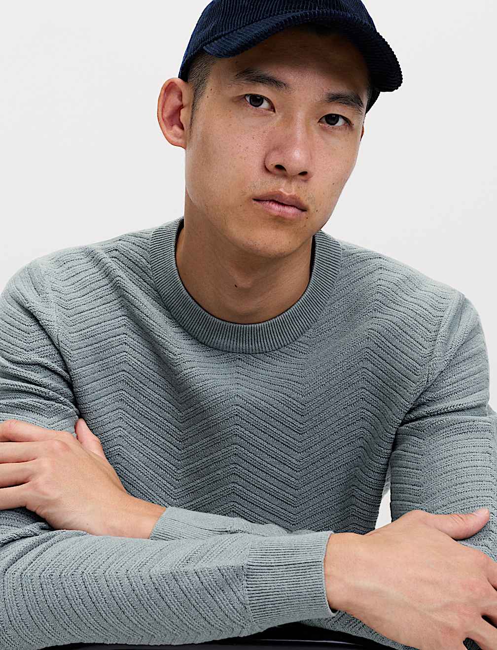 Cotton Blend Herringbone Crew neck Jumper