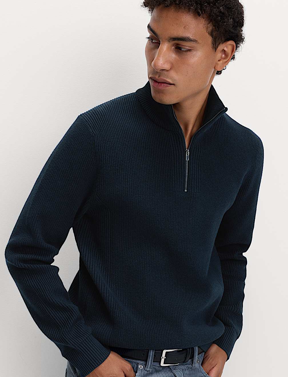 Cotton Blend Ribbed Half Zip Jumper