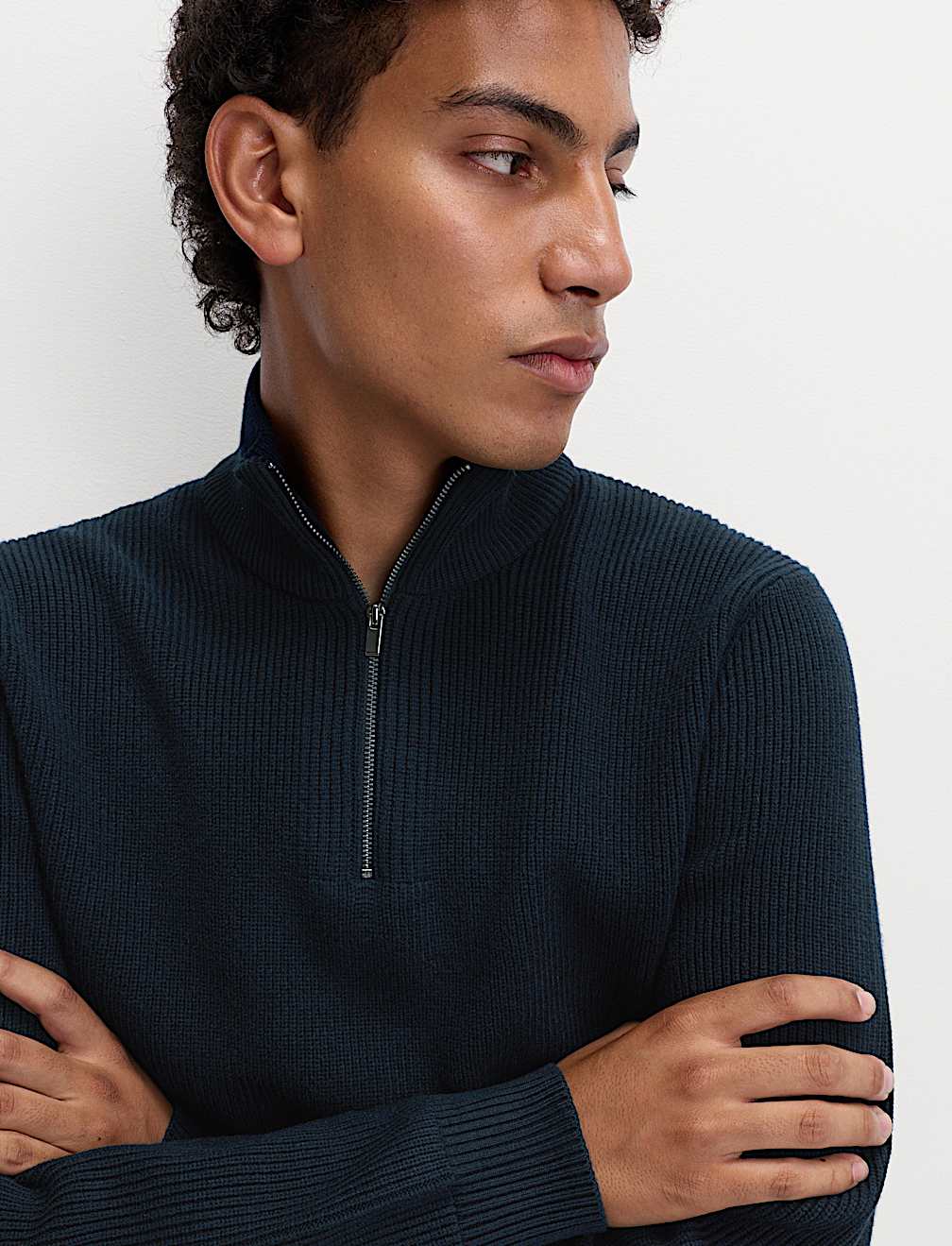 Cotton Blend Ribbed Half Zip Jumper