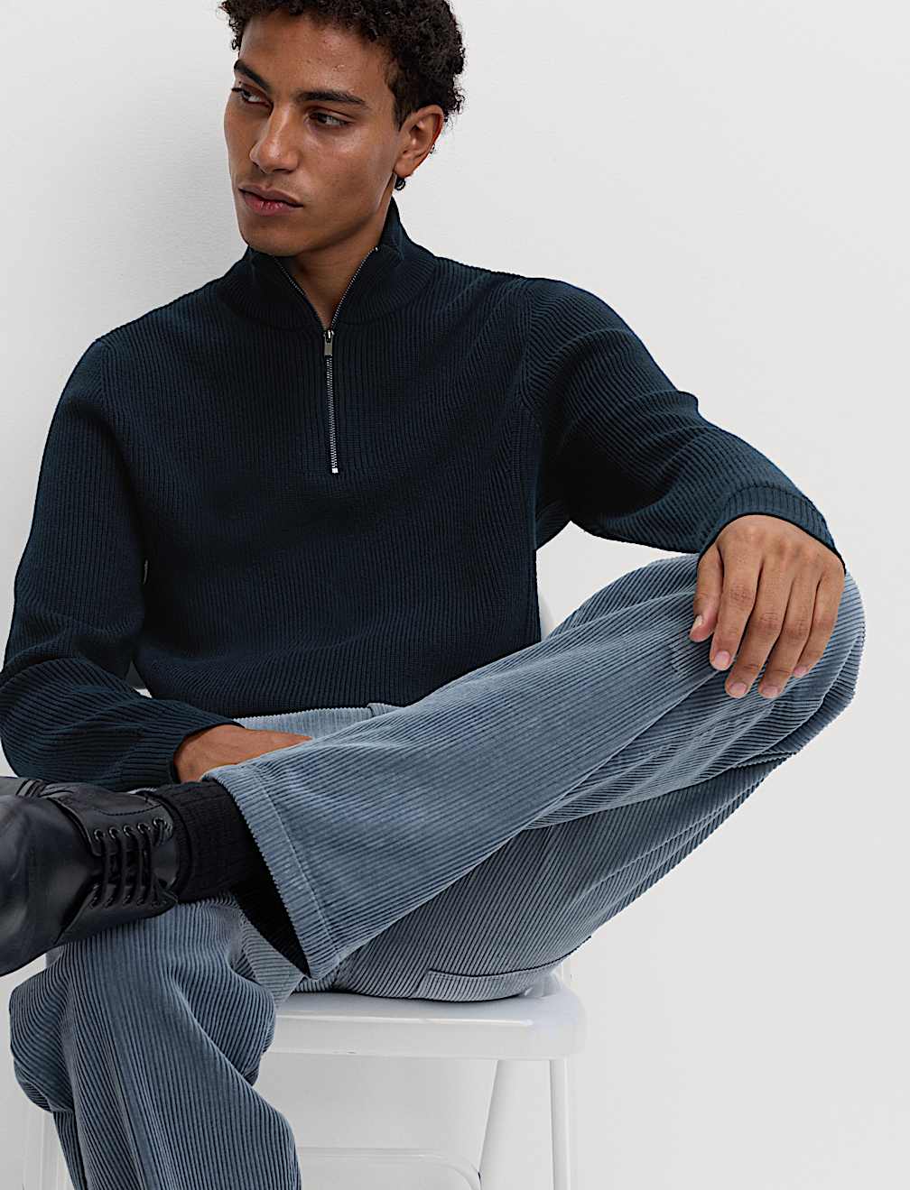 Cotton Blend Ribbed Half Zip Jumper