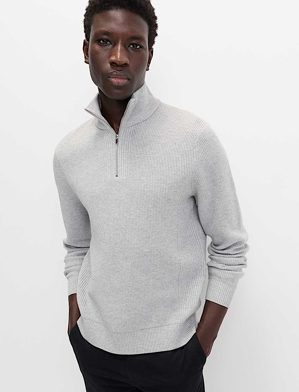 Cotton Blend Ribbed Half Zip Jumper
