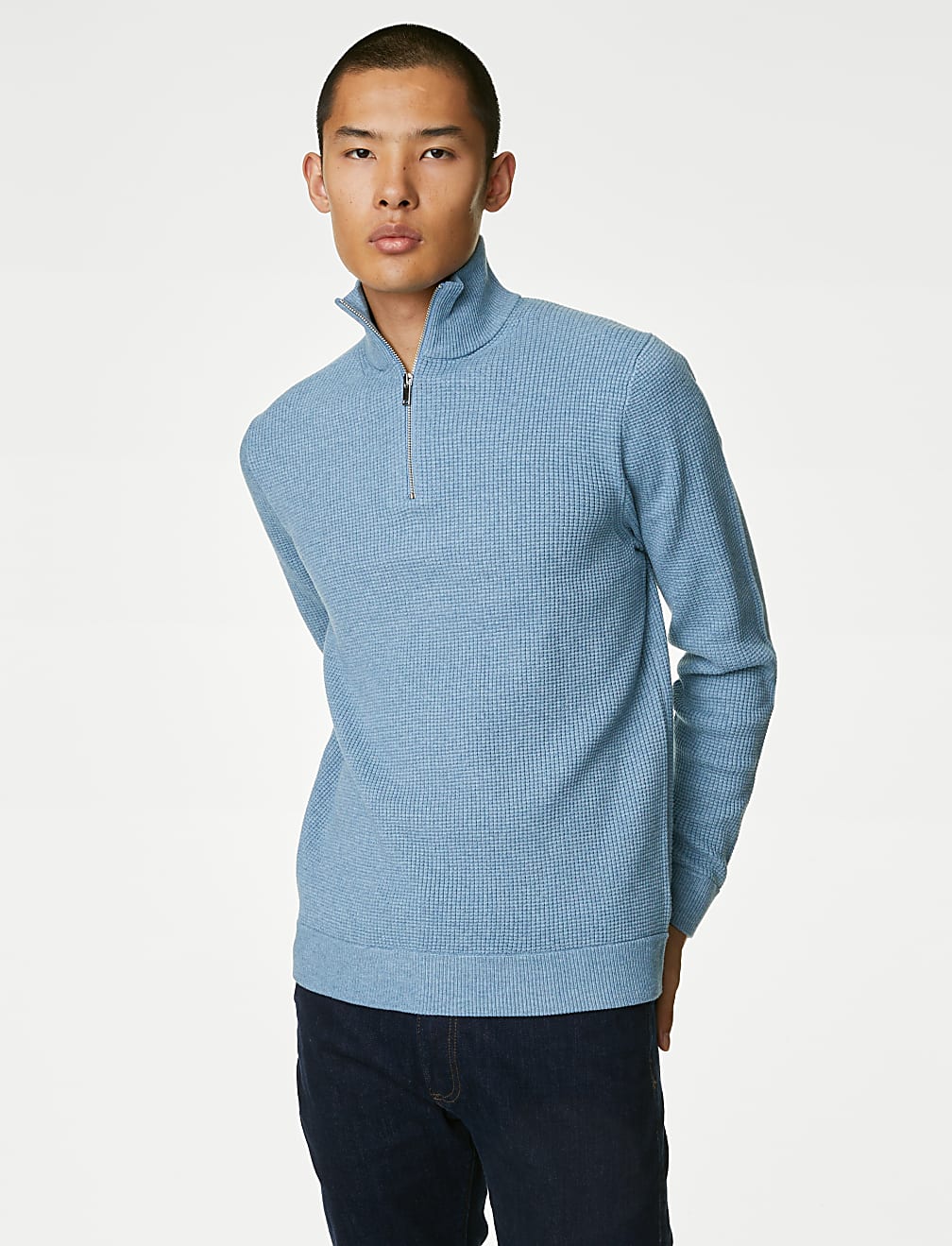 Cotton Blend Textured Half Zip Jumper