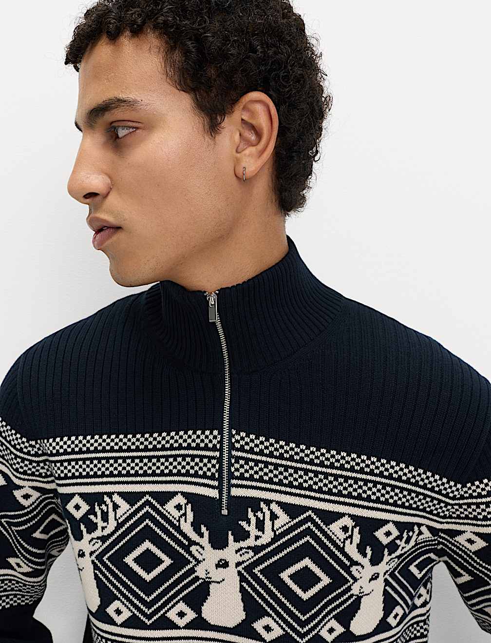 Pure Cotton Fair Isle Stag Half Zip Jumper