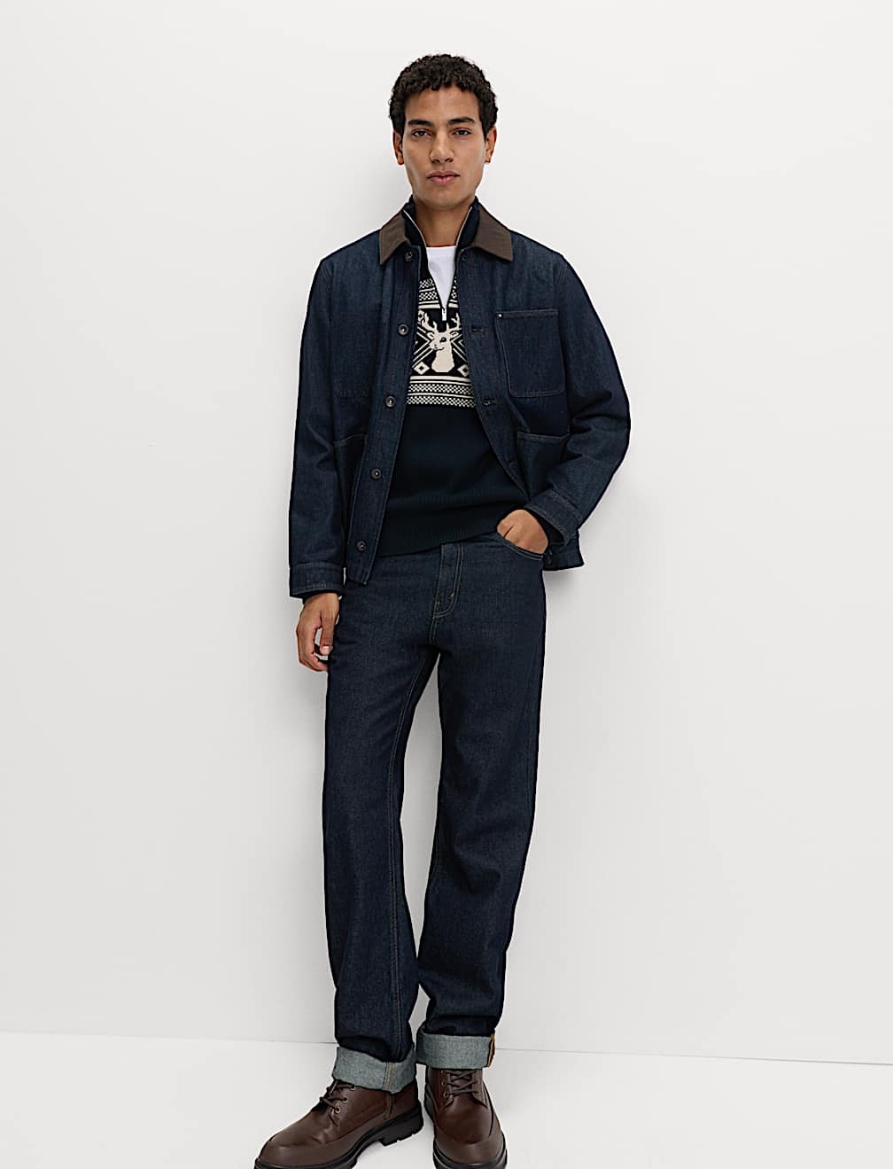 Pure Cotton Fair Isle Stag Half Zip Jumper