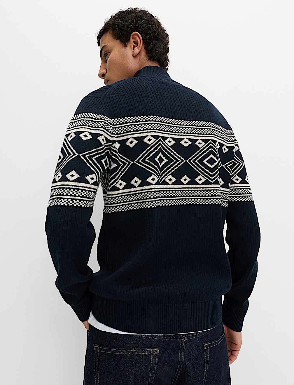 Pure Cotton Fair Isle Stag Half Zip Jumper