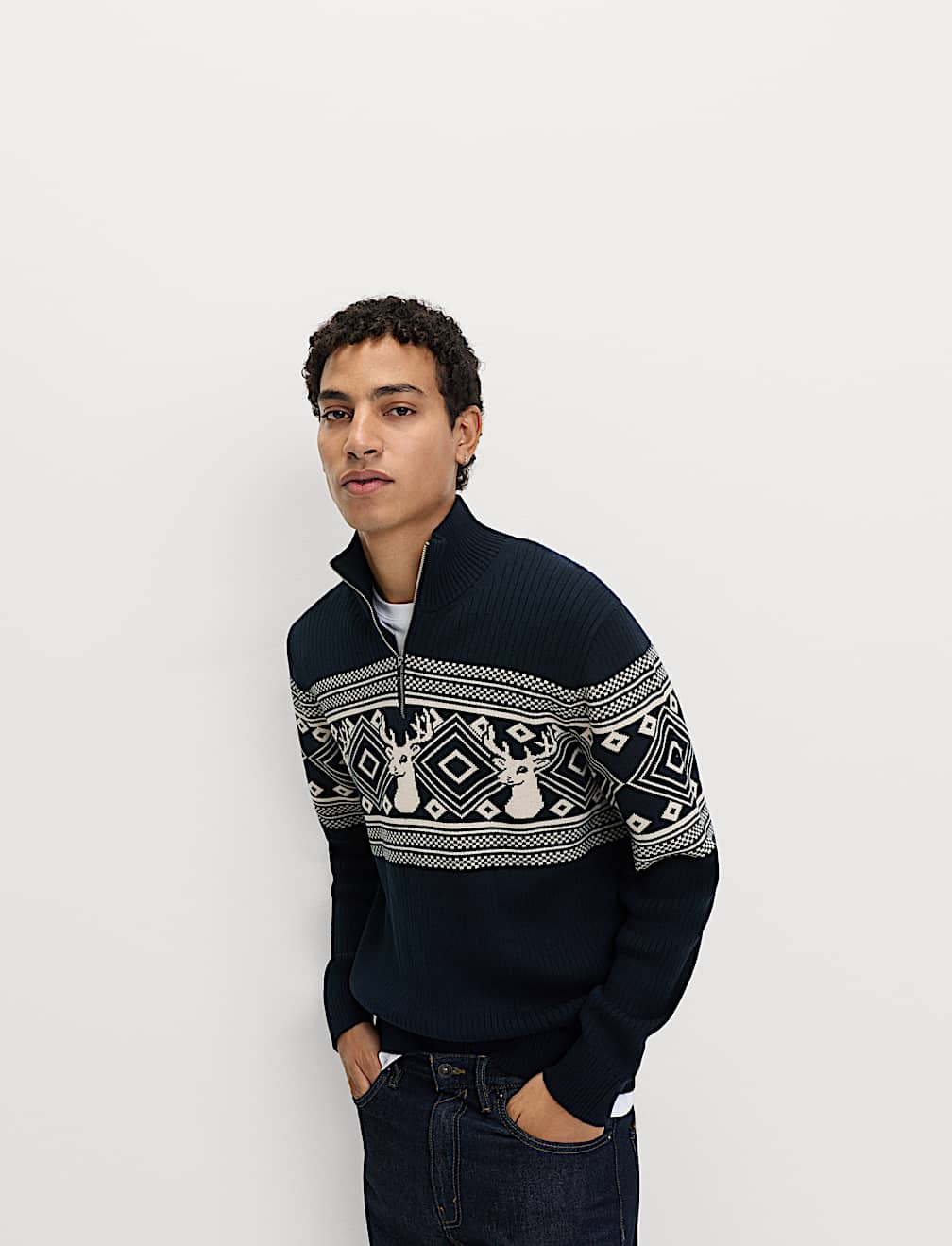 Pure Cotton Fair Isle Stag Half Zip Jumper