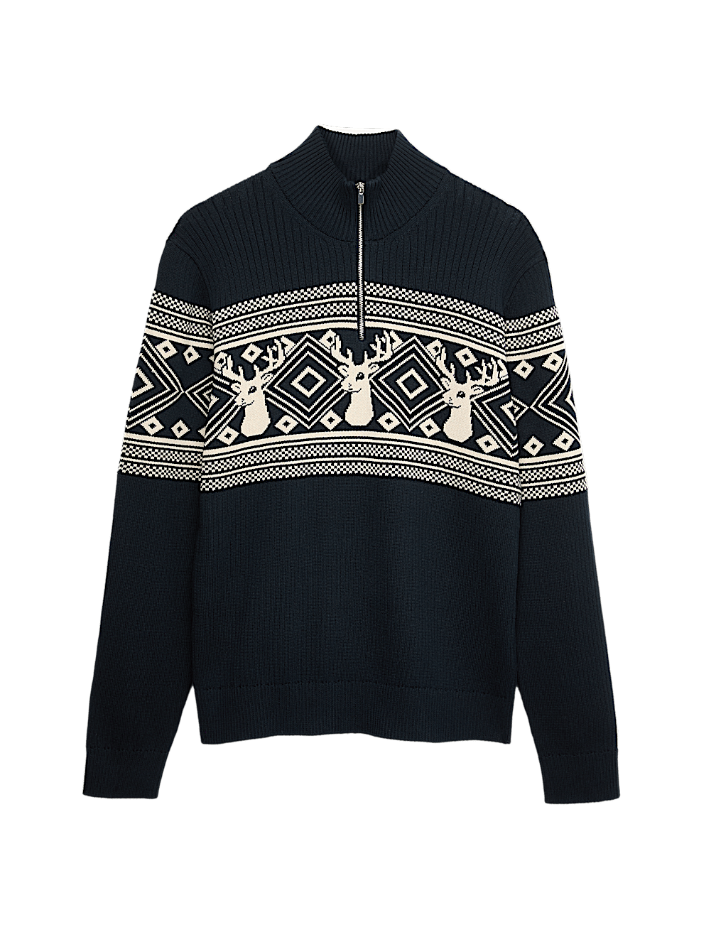 Pure Cotton Fair Isle Stag Half Zip Jumper