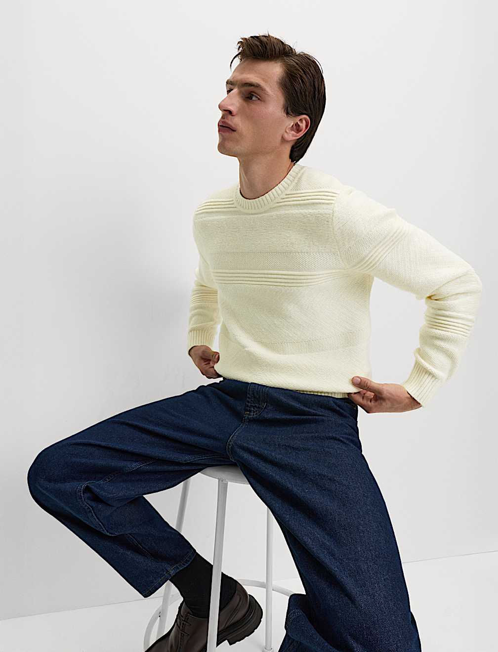 Textured Crew Neck Jumper with Wool