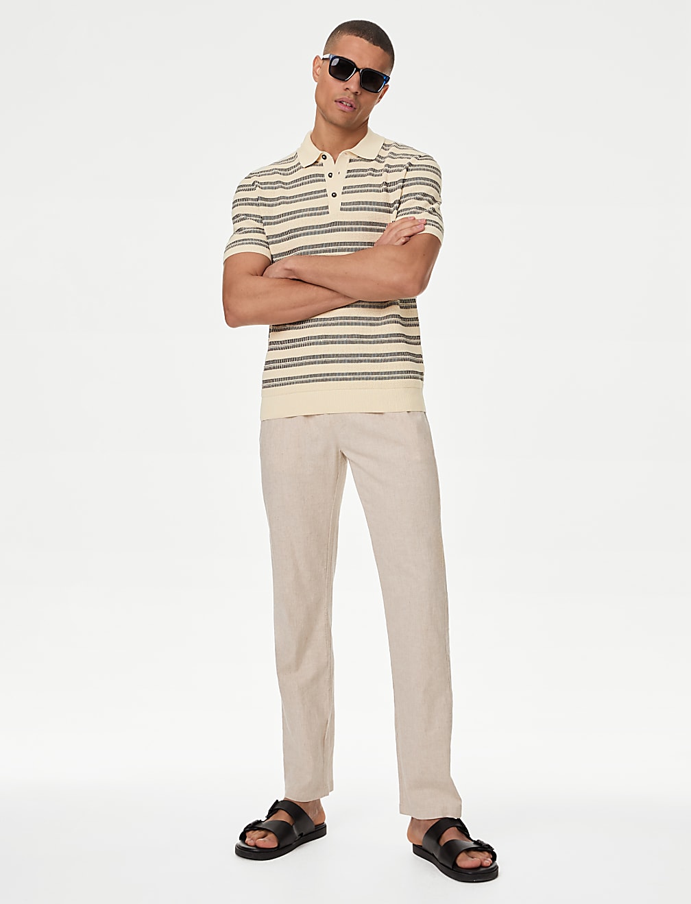 Pure Cotton Textured Striped Knitted Polo Shirt