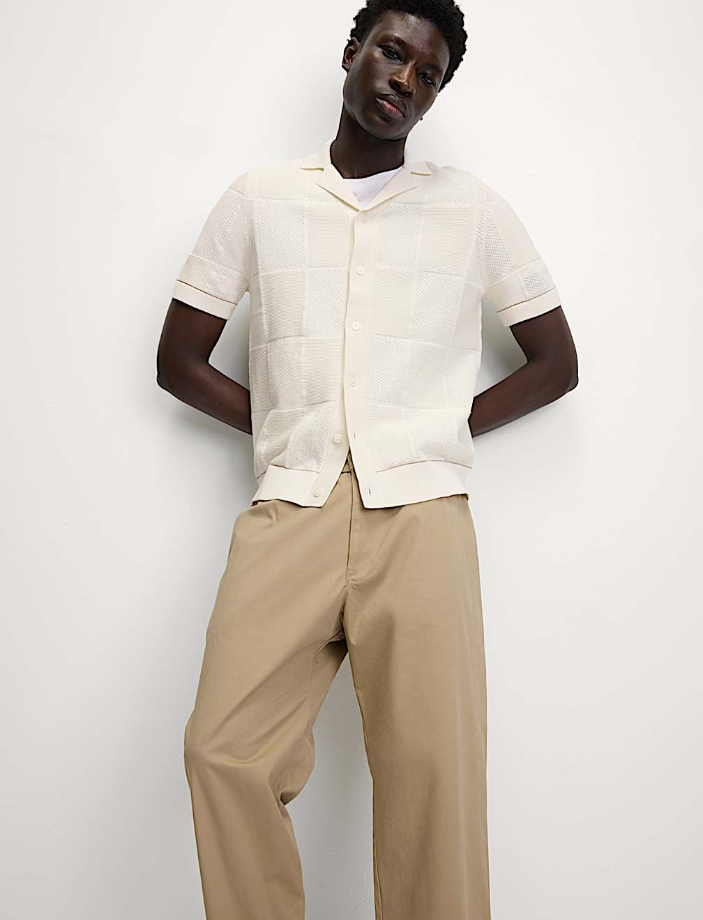 Button-Through Patchwork Knitted Polo Shirt