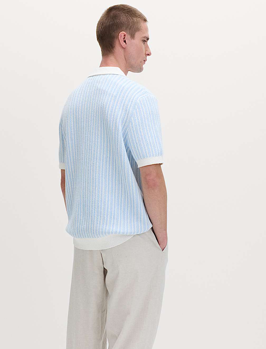 Boucle Striped Open Neck Knitted Polo Shirt