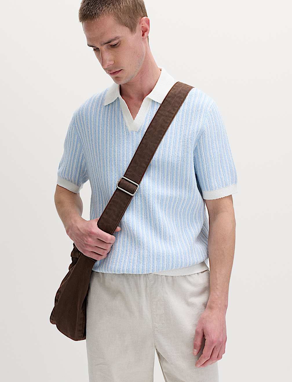 Boucle Striped Open Neck Knitted Polo Shirt