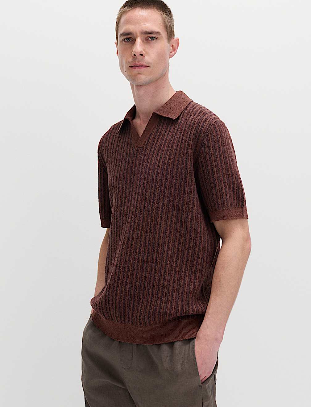 Boucle Striped Open Neck Knitted Polo Shirt