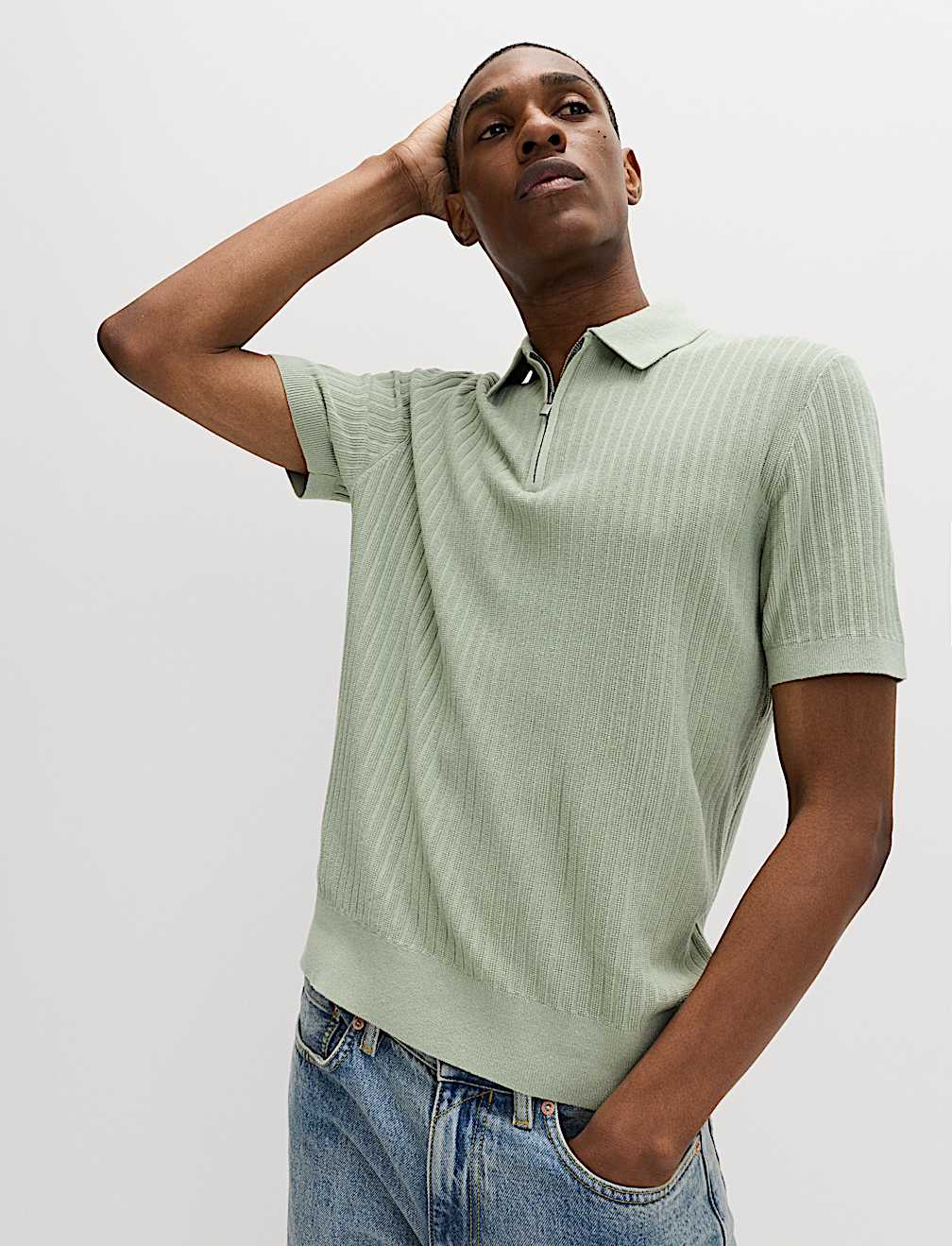 Cotton Rich Ribbed Knitted Zip Up Polo Shirt