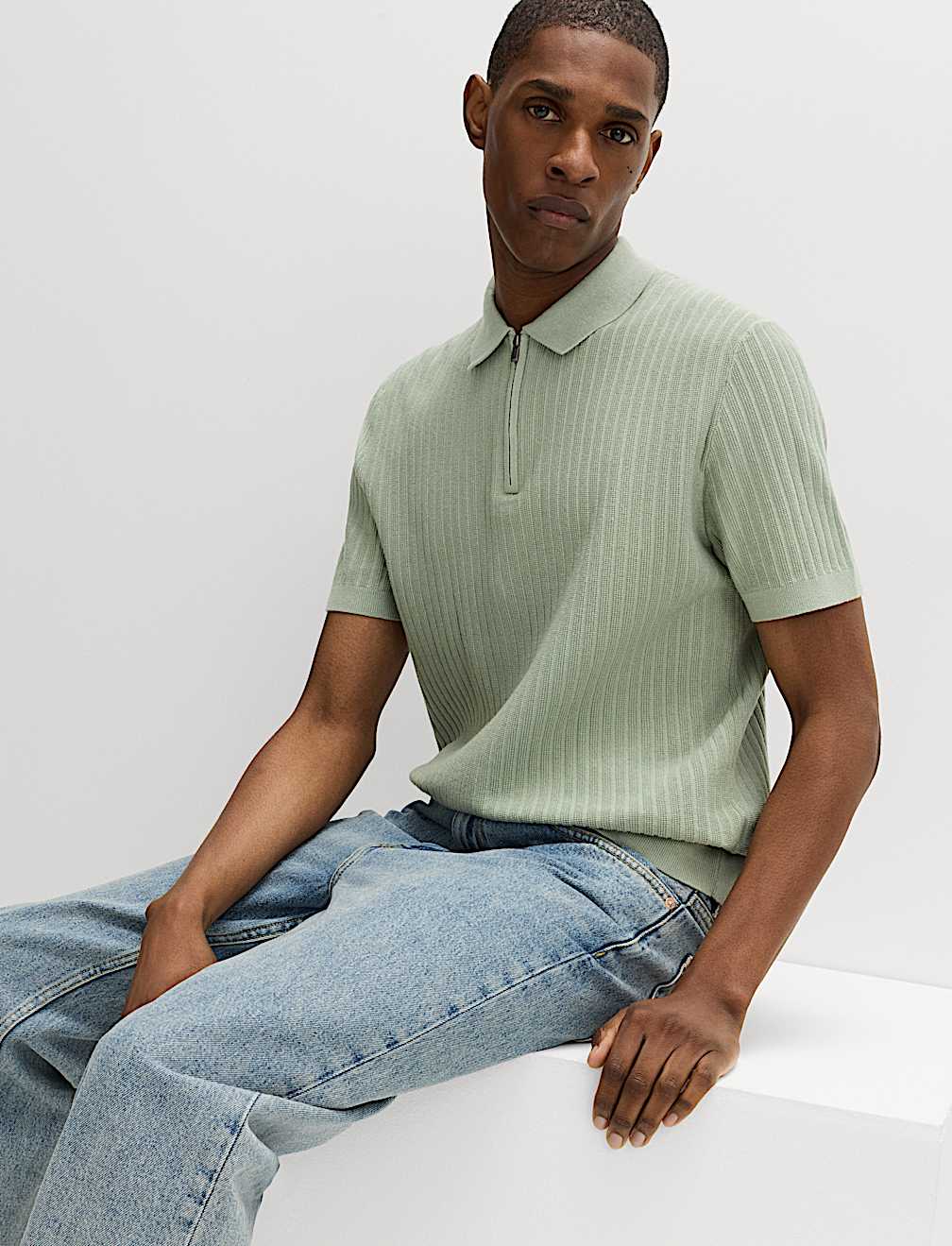 Cotton Rich Ribbed Knitted Zip Up Polo Shirt