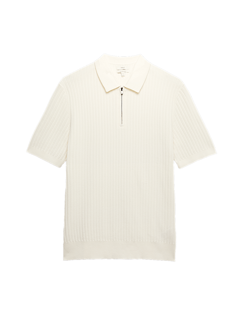 Cotton Rich Ribbed Knitted Zip Up Polo Shirt