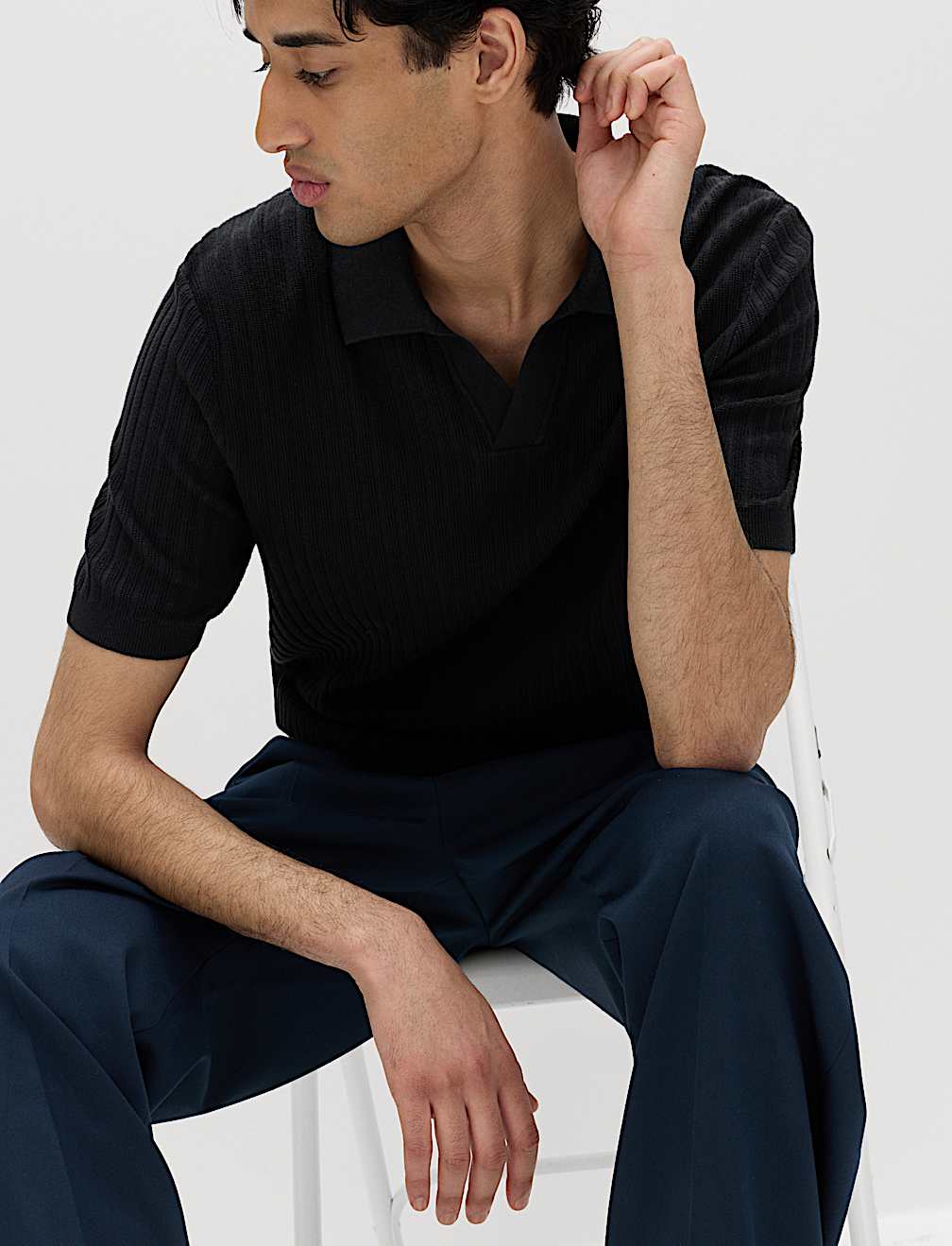 Cotton Rich Rib Texture Open Neck Polo Shirt