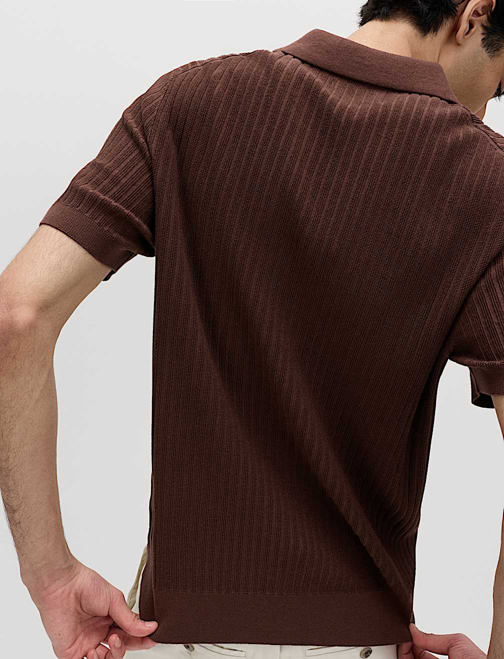 Cotton Rich Rib Texture Open Neck Polo Shirt