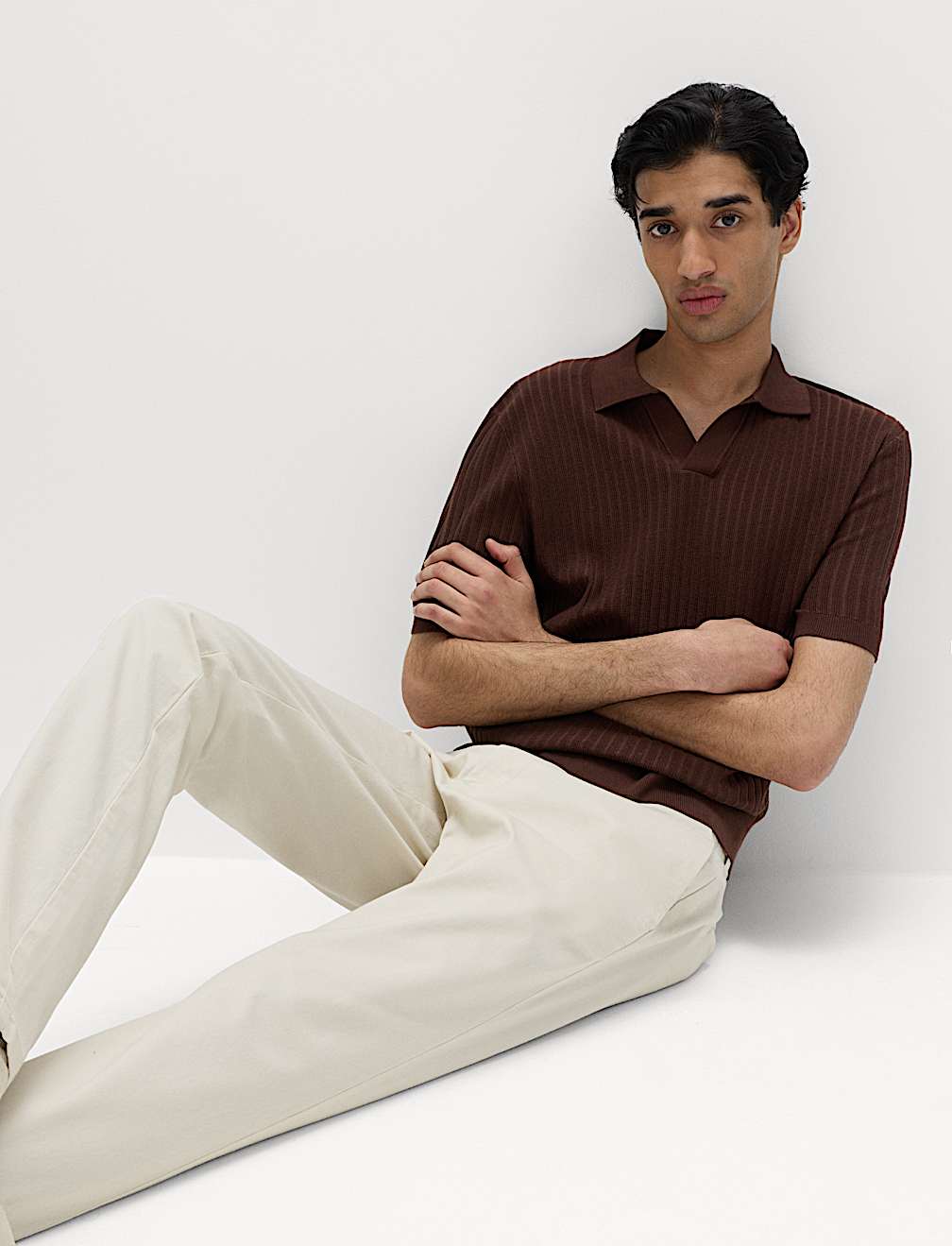 Cotton Rich Rib Texture Open Neck Polo Shirt